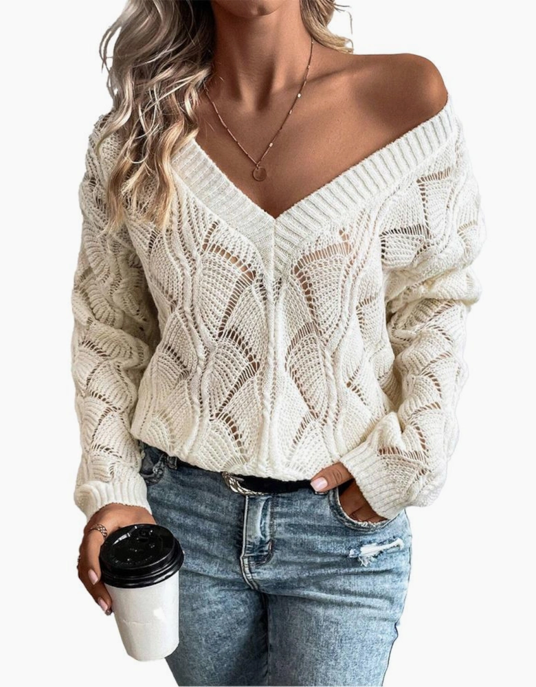 Beige Hollow Out Knit V Neck Drop Shoulder Sweater