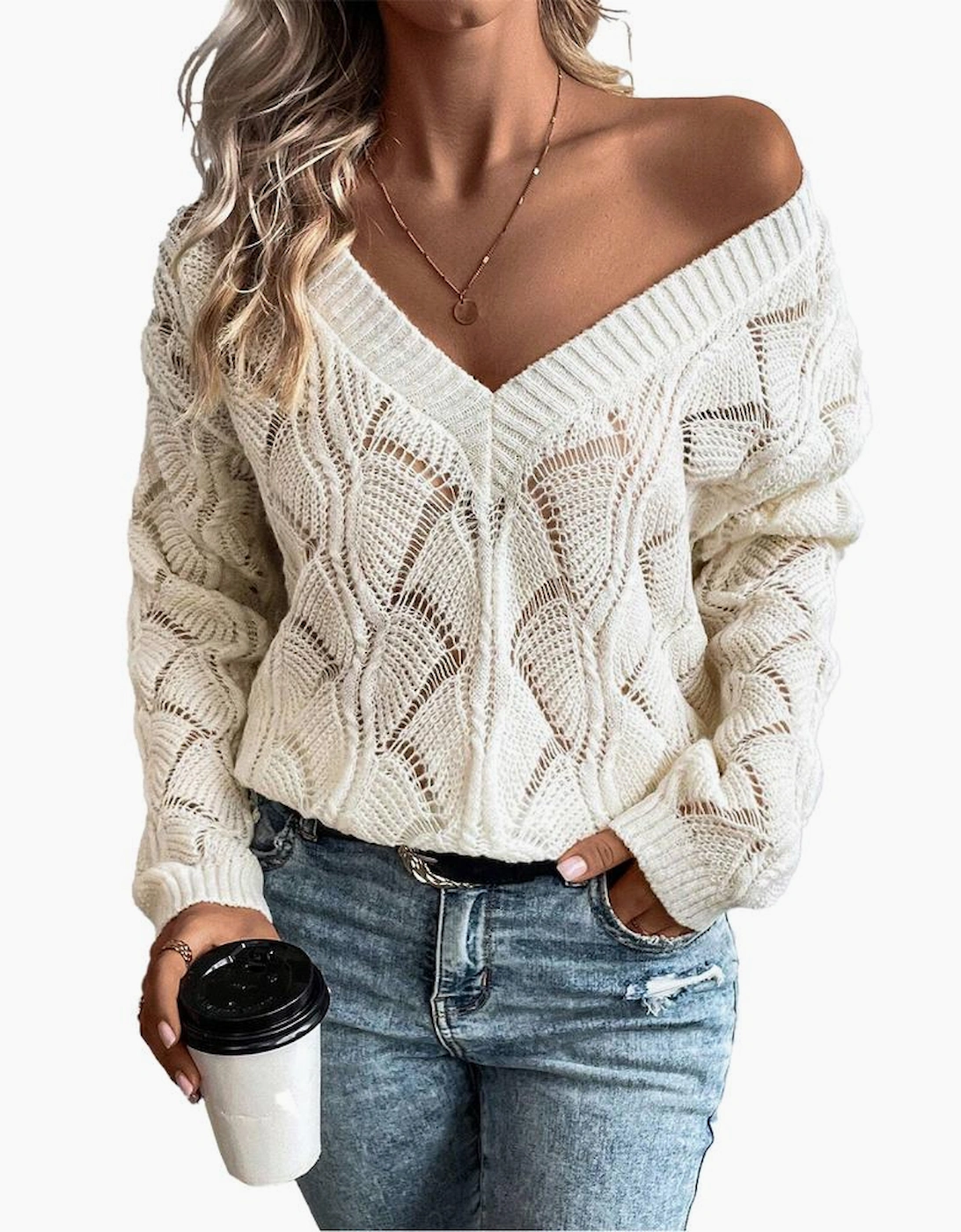 Beige Hollow Out Knit V Neck Drop Shoulder Sweater
