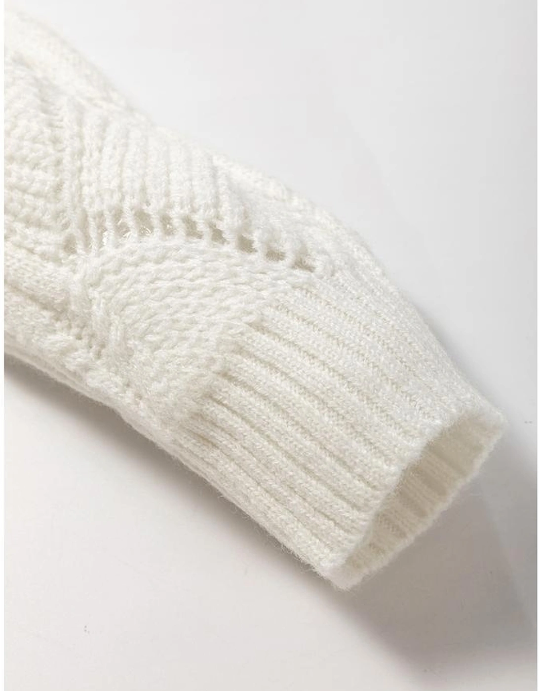 Beige Hollow Out Knit V Neck Drop Shoulder Sweater