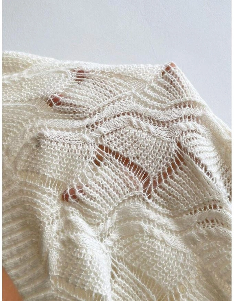 Beige Hollow Out Knit V Neck Drop Shoulder Sweater