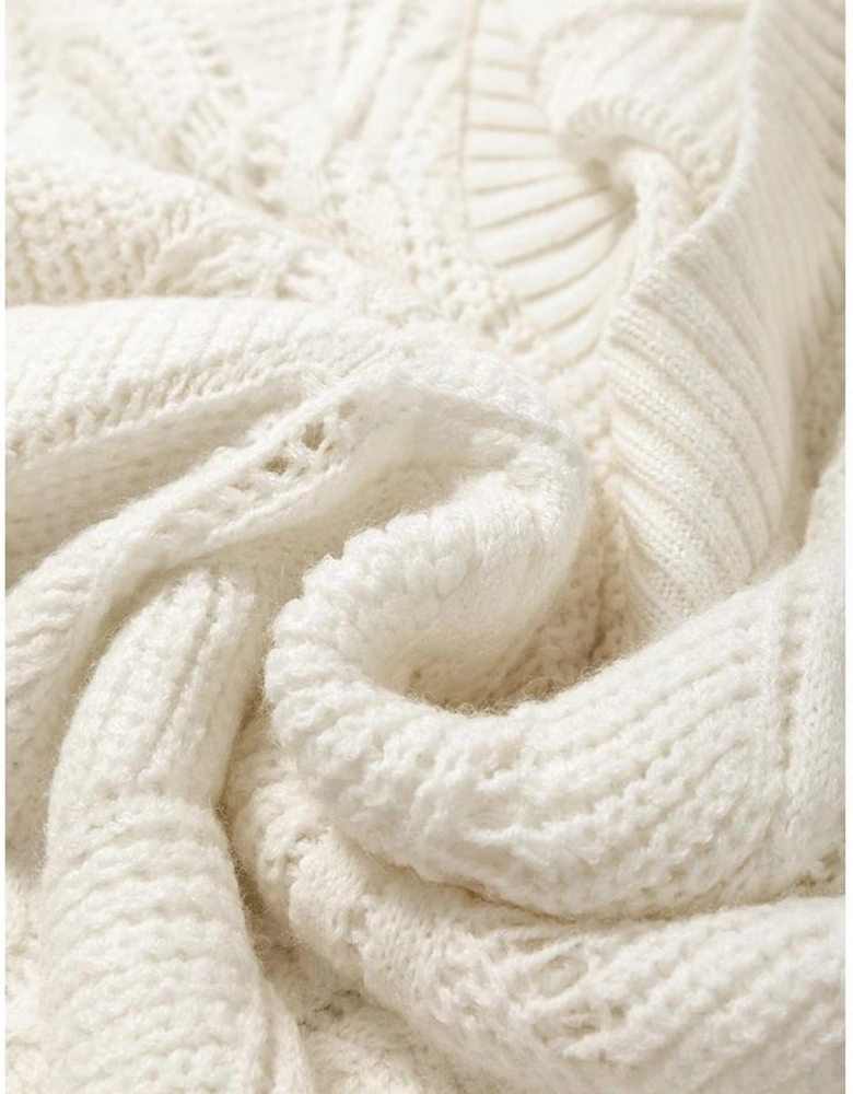 Beige Hollow Out Knit V Neck Drop Shoulder Sweater