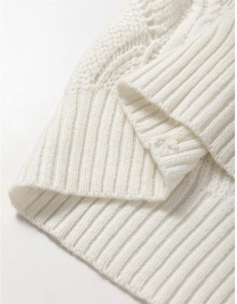 Beige Hollow Out Knit V Neck Drop Shoulder Sweater