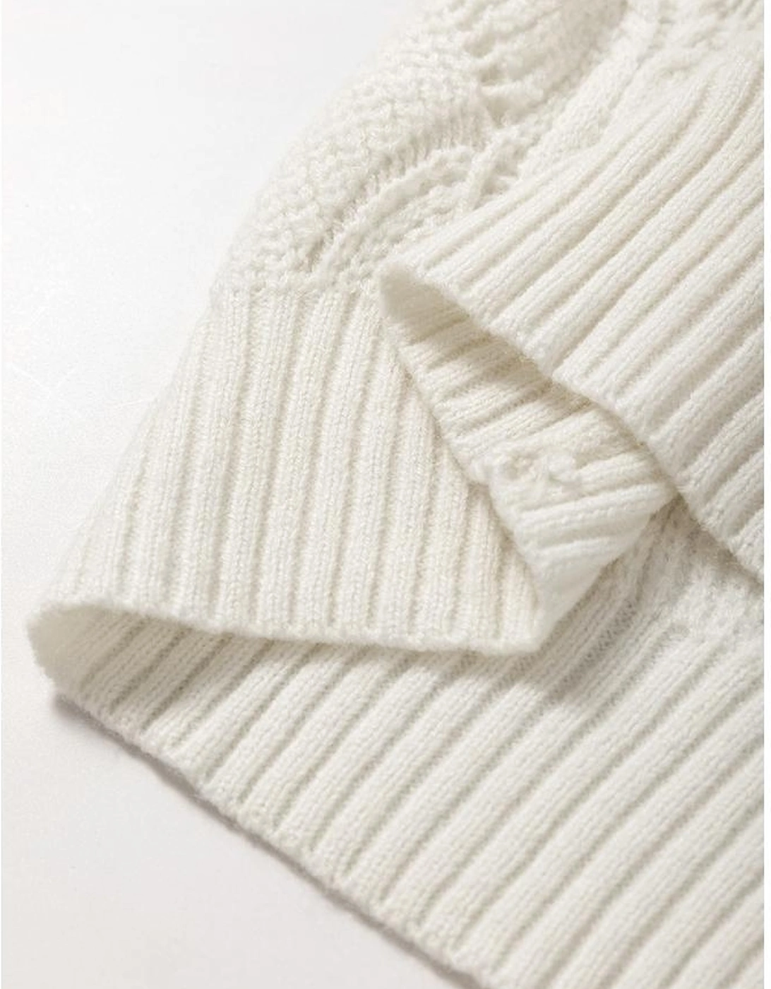 Beige Hollow Out Knit V Neck Drop Shoulder Sweater