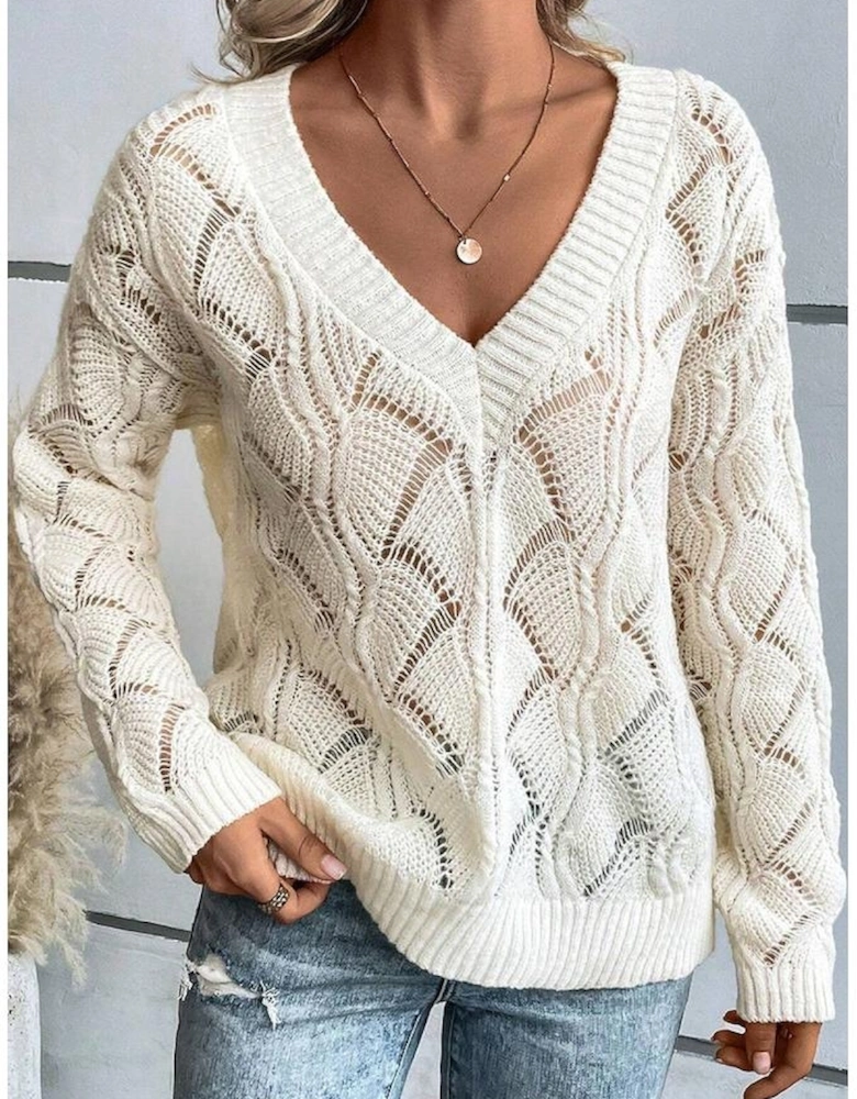 Beige Hollow Out Knit V Neck Drop Shoulder Sweater