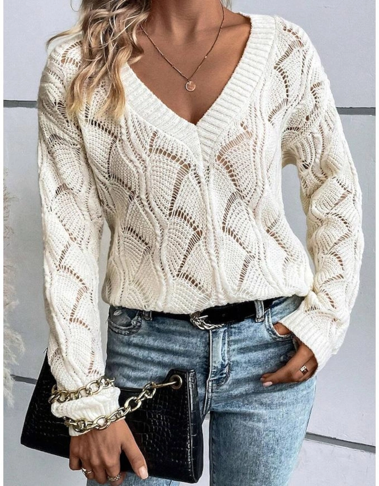 Beige Hollow Out Knit V Neck Drop Shoulder Sweater