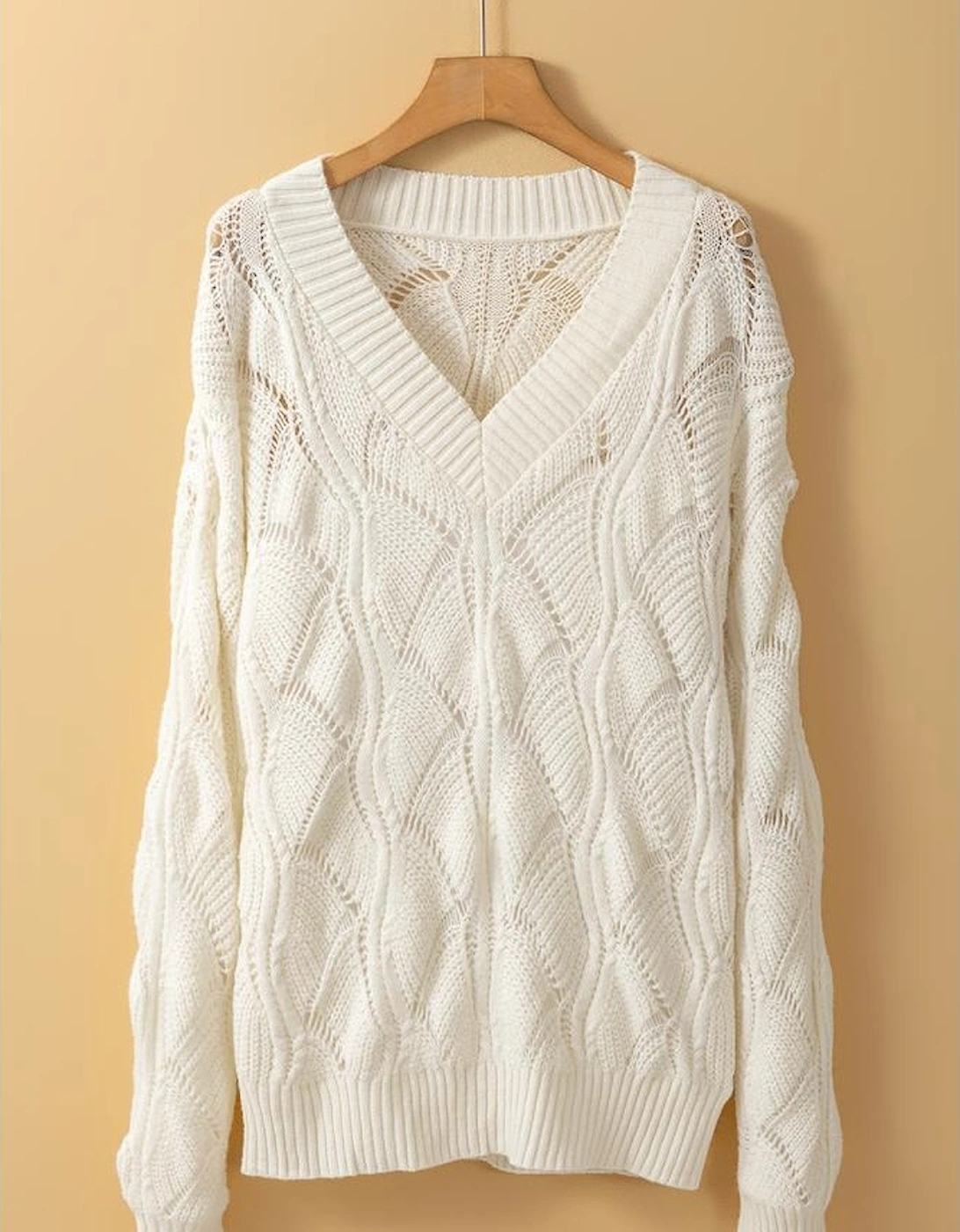 Beige Hollow Out Knit V Neck Drop Shoulder Sweater