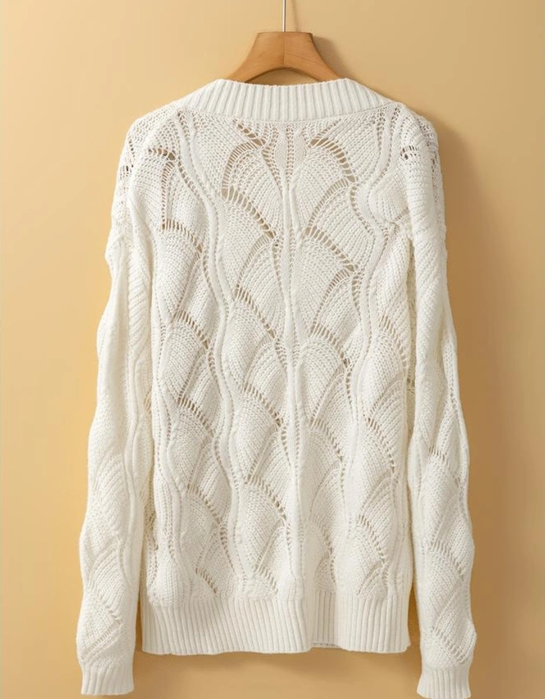 Beige Hollow Out Knit V Neck Drop Shoulder Sweater