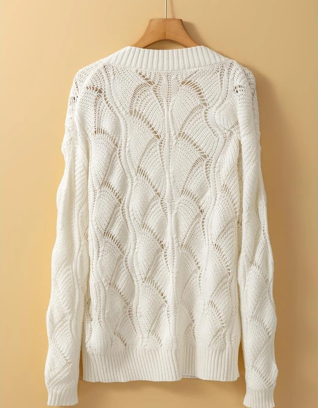 Beige Hollow Out Knit V Neck Drop Shoulder Sweater