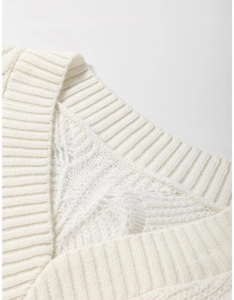 Beige Hollow Out Knit V Neck Drop Shoulder Sweater