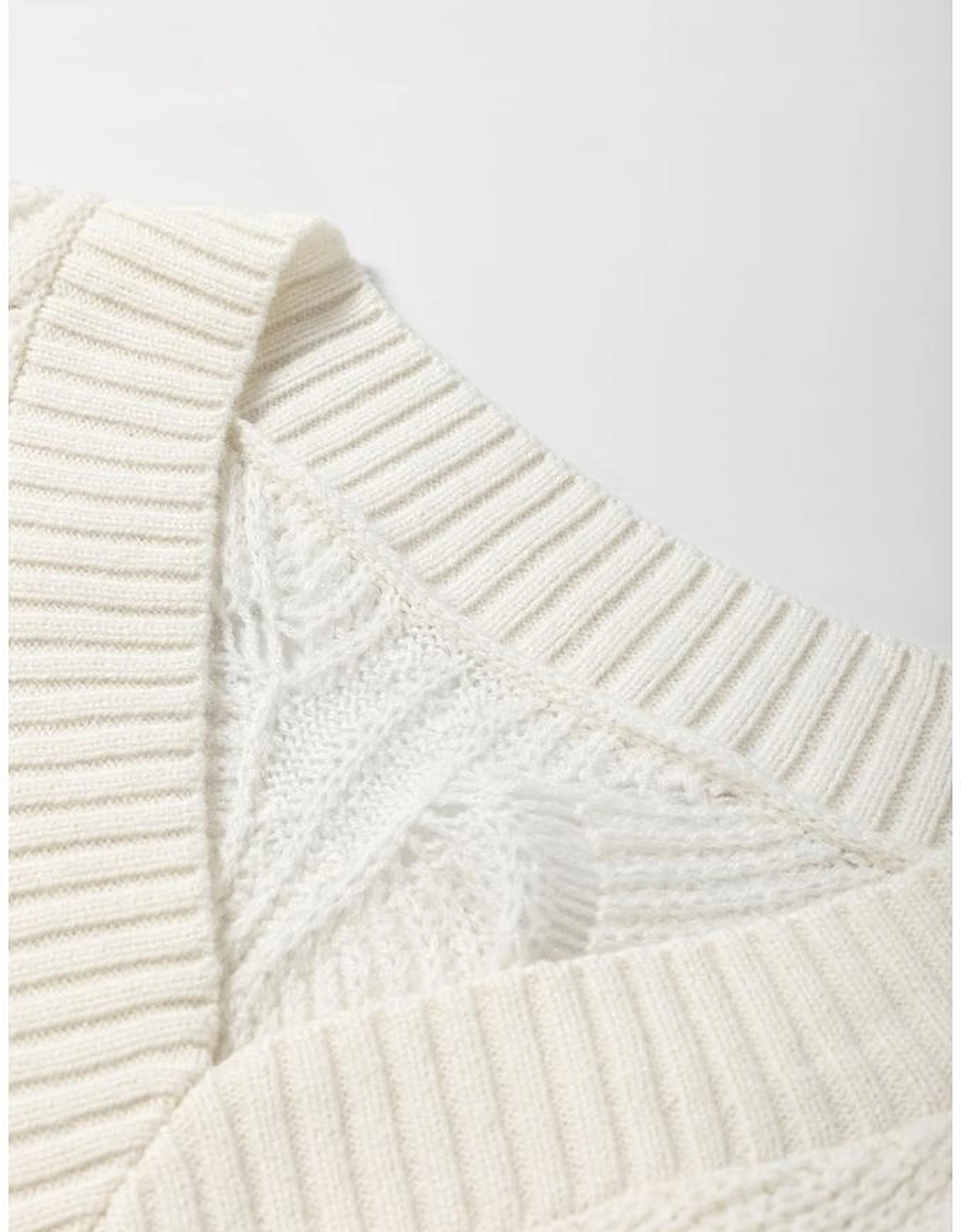 Beige Hollow Out Knit V Neck Drop Shoulder Sweater