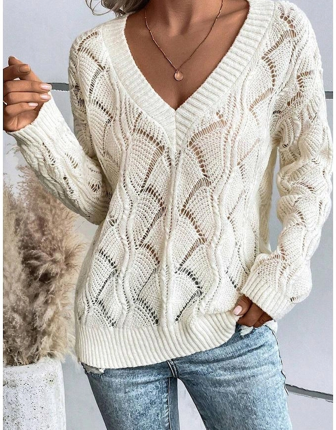 Beige Hollow Out Knit V Neck Drop Shoulder Sweater