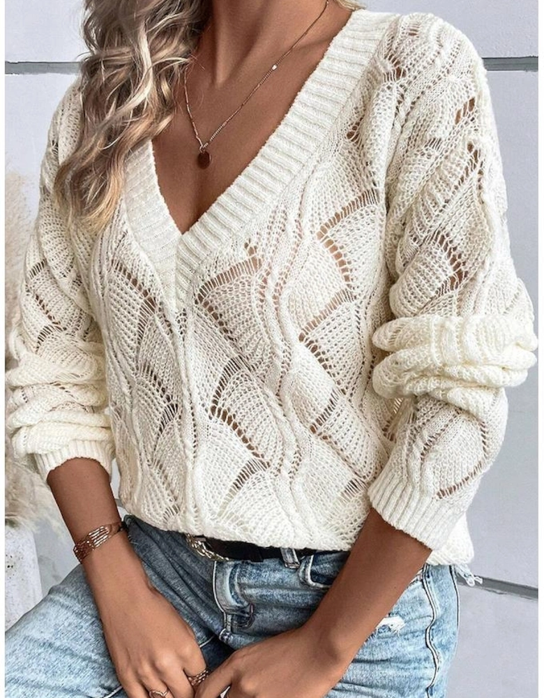 Beige Hollow Out Knit V Neck Drop Shoulder Sweater