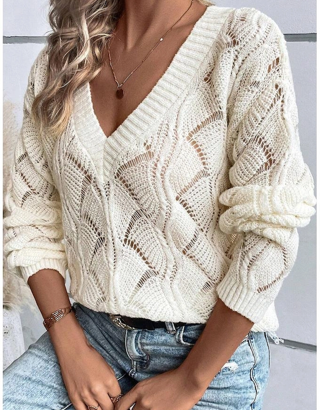 Beige Hollow Out Knit V Neck Drop Shoulder Sweater