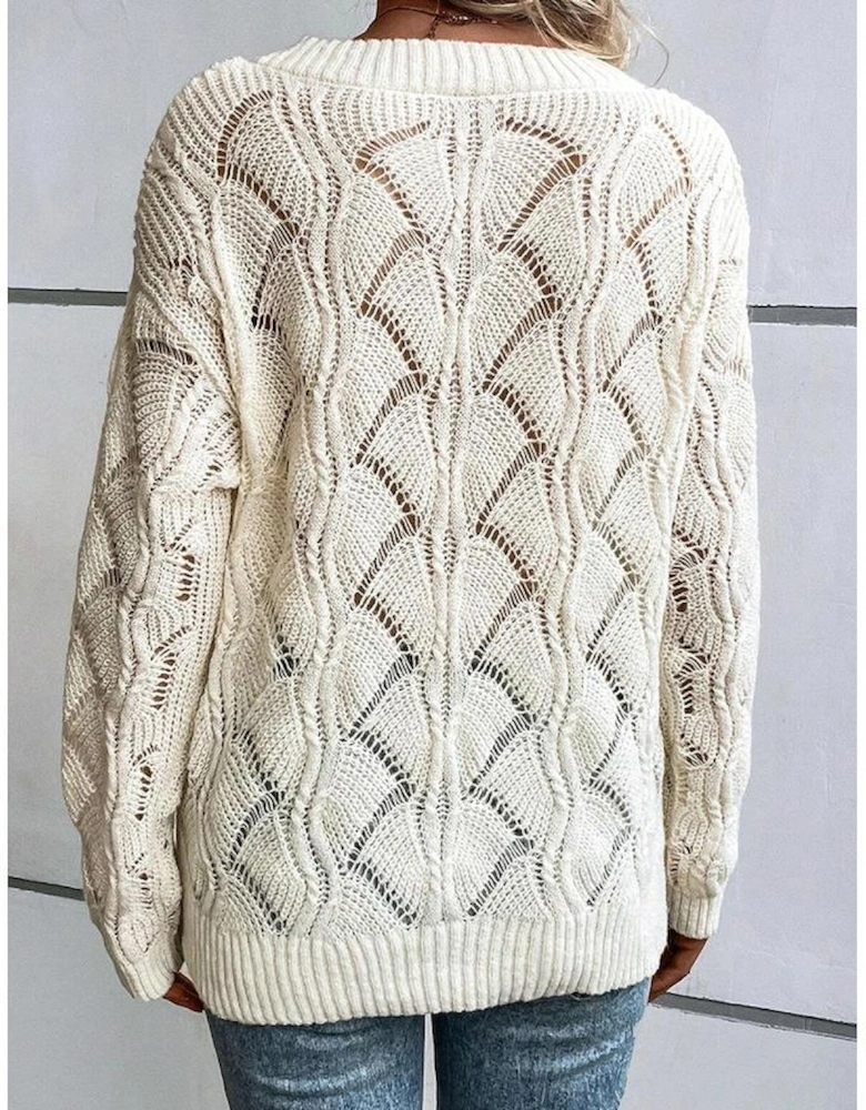 Beige Hollow Out Knit V Neck Drop Shoulder Sweater
