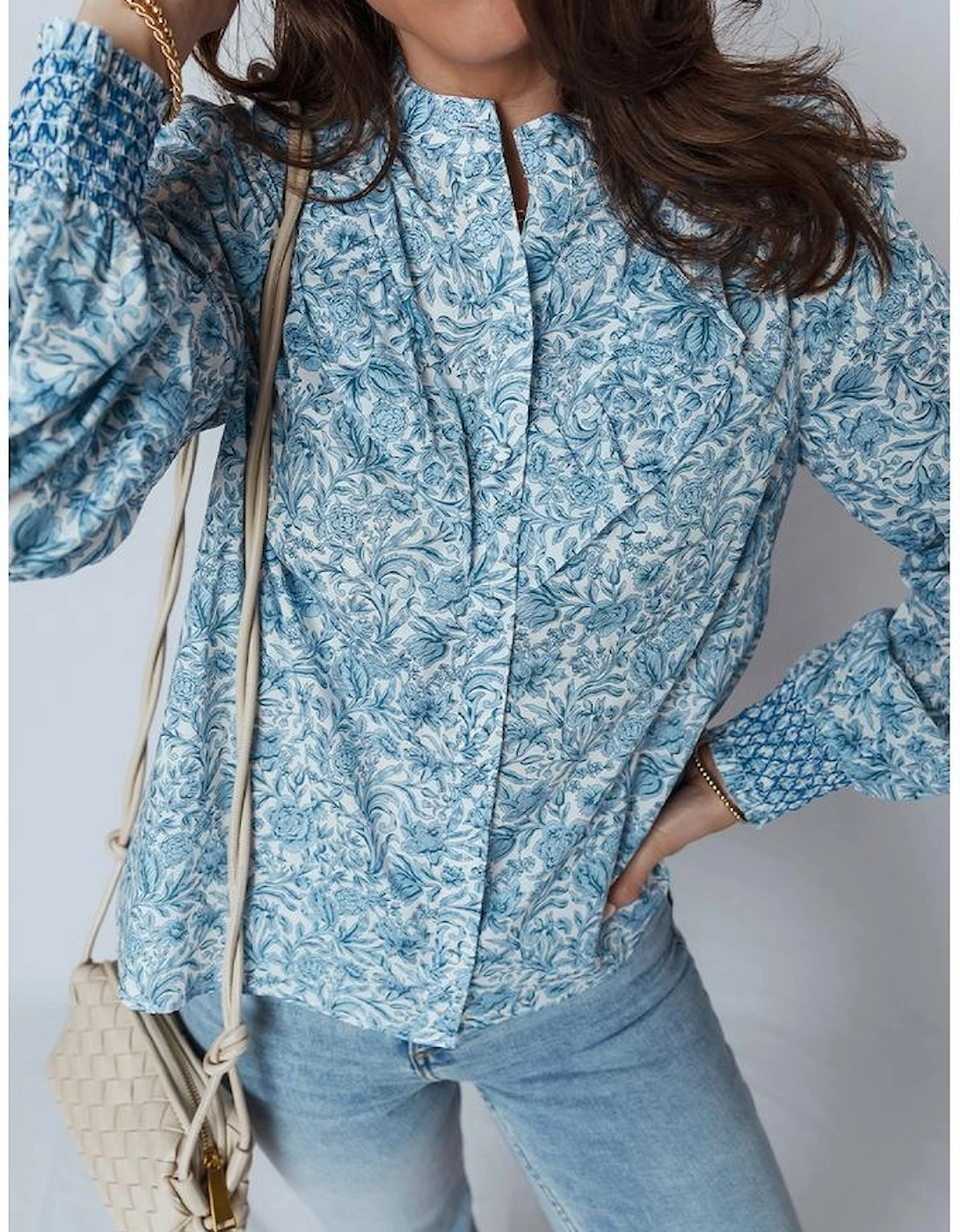 Sky Blue All Over Floral Puff Sleeve Shirt