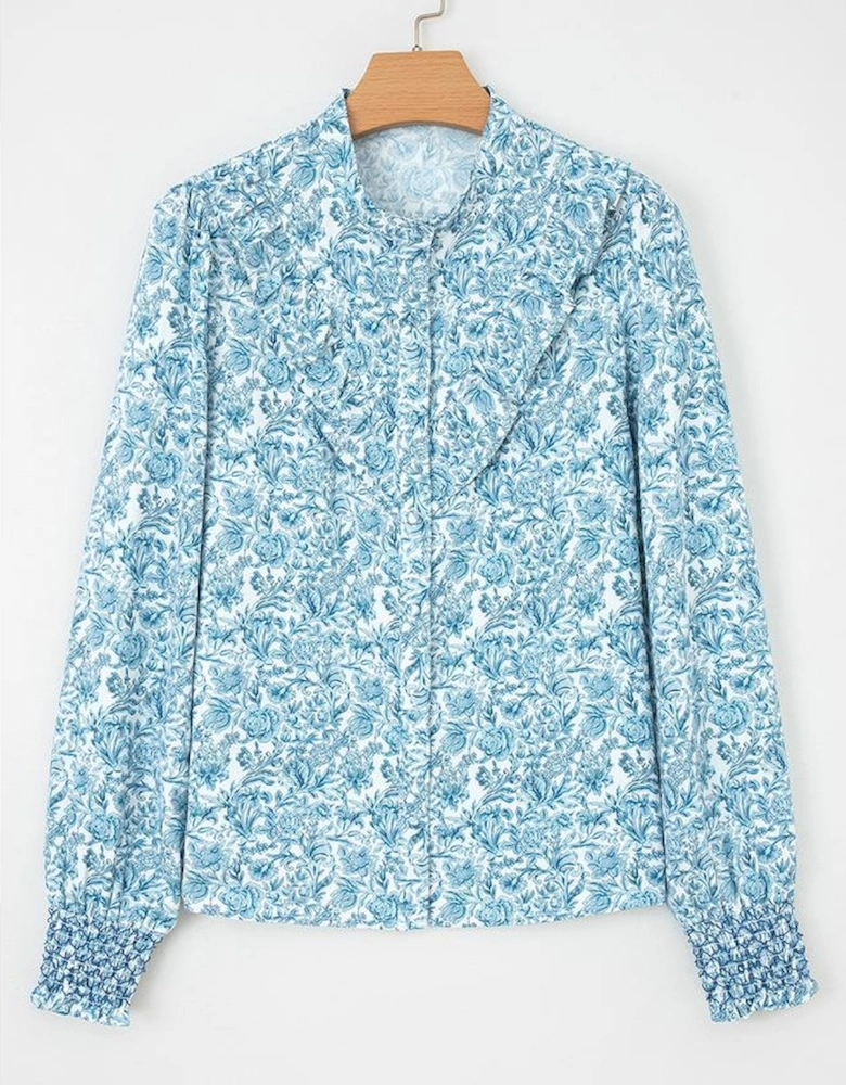 Sky Blue All Over Floral Puff Sleeve Shirt