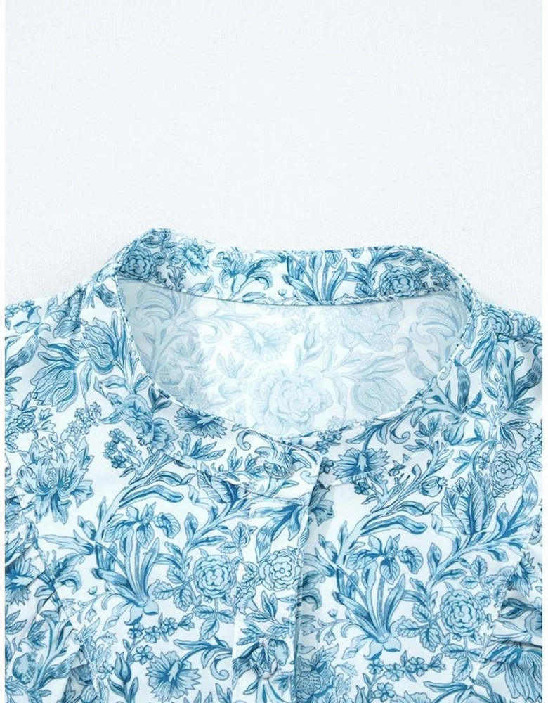 Sky Blue All Over Floral Puff Sleeve Shirt