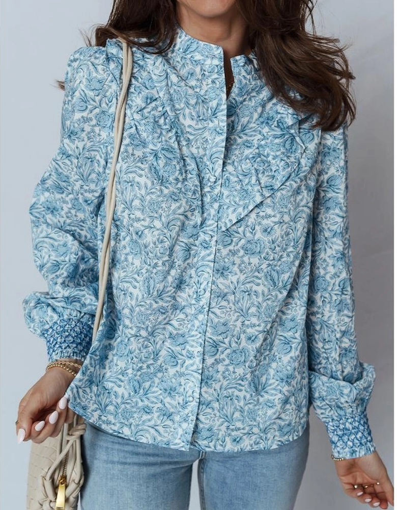 Sky Blue All Over Floral Puff Sleeve Shirt
