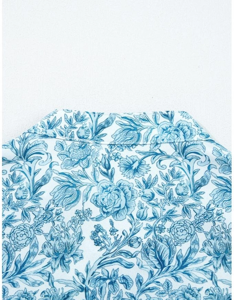 Sky Blue All Over Floral Puff Sleeve Shirt