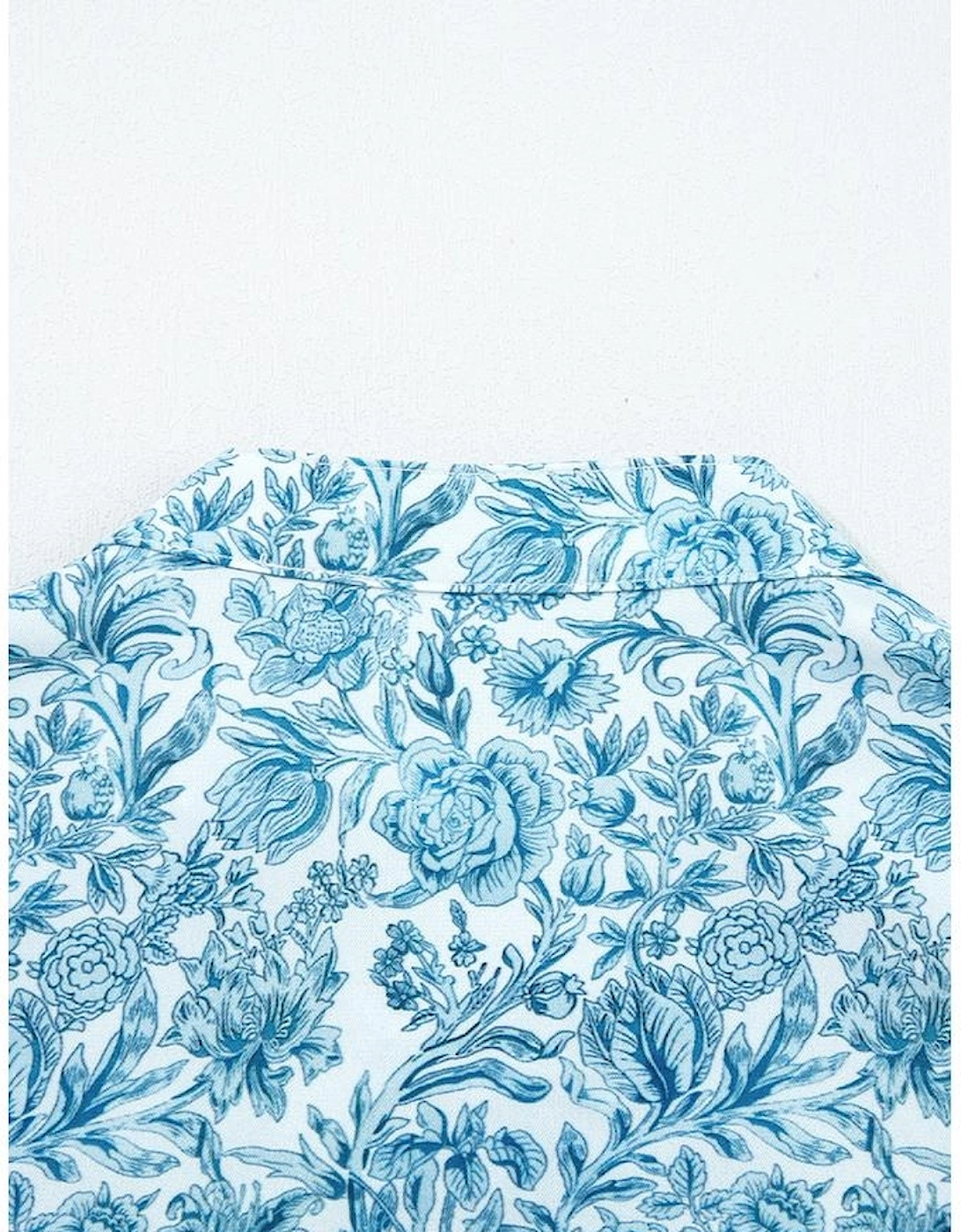 Sky Blue All Over Floral Puff Sleeve Shirt
