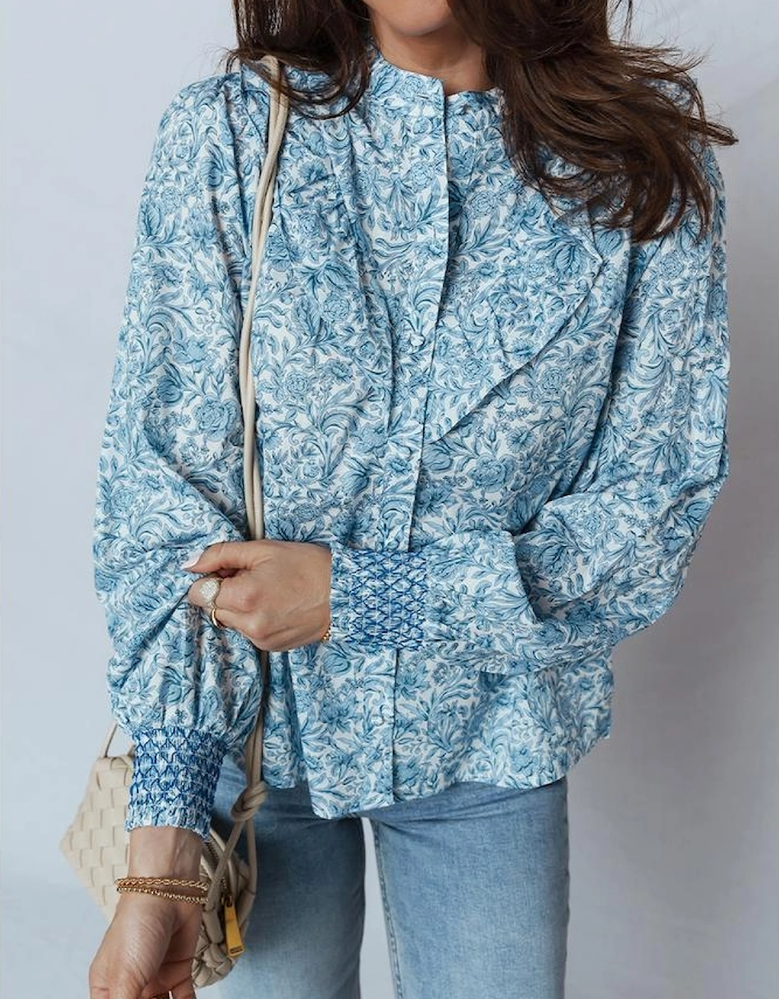 Sky Blue All Over Floral Puff Sleeve Shirt