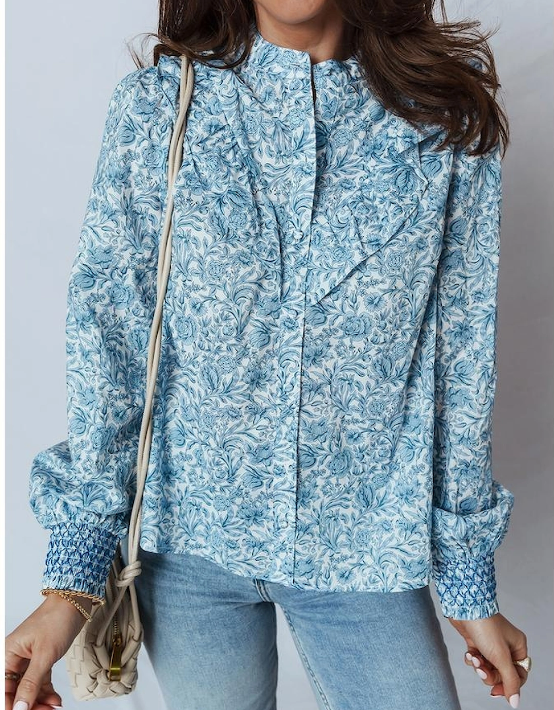 Sky Blue All Over Floral Puff Sleeve Shirt