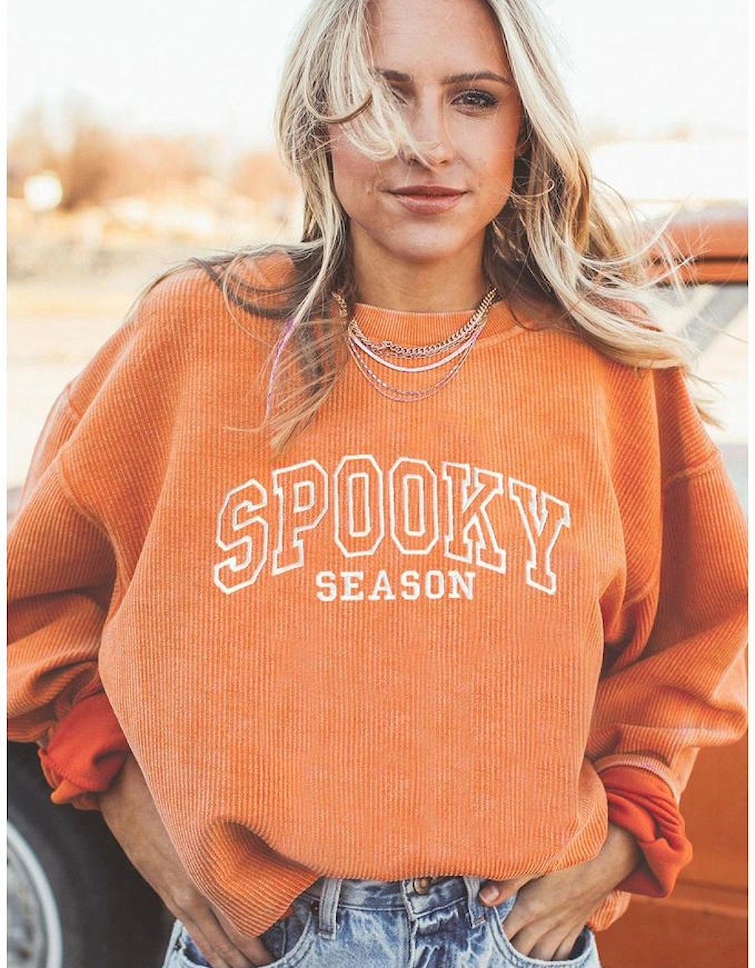 Orange SPOOKY SEASON Embroidered Letter Graphic Twisted Ribbed Sweatshirt