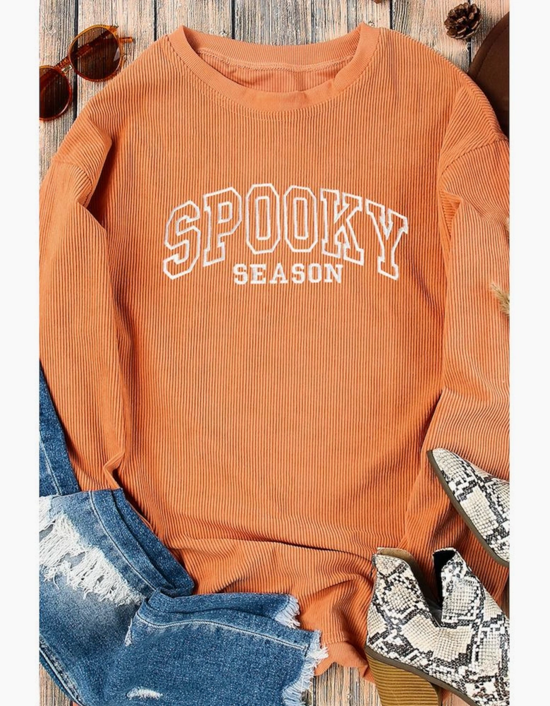 Orange SPOOKY SEASON Embroidered Letter Graphic Twisted Ribbed Sweatshirt