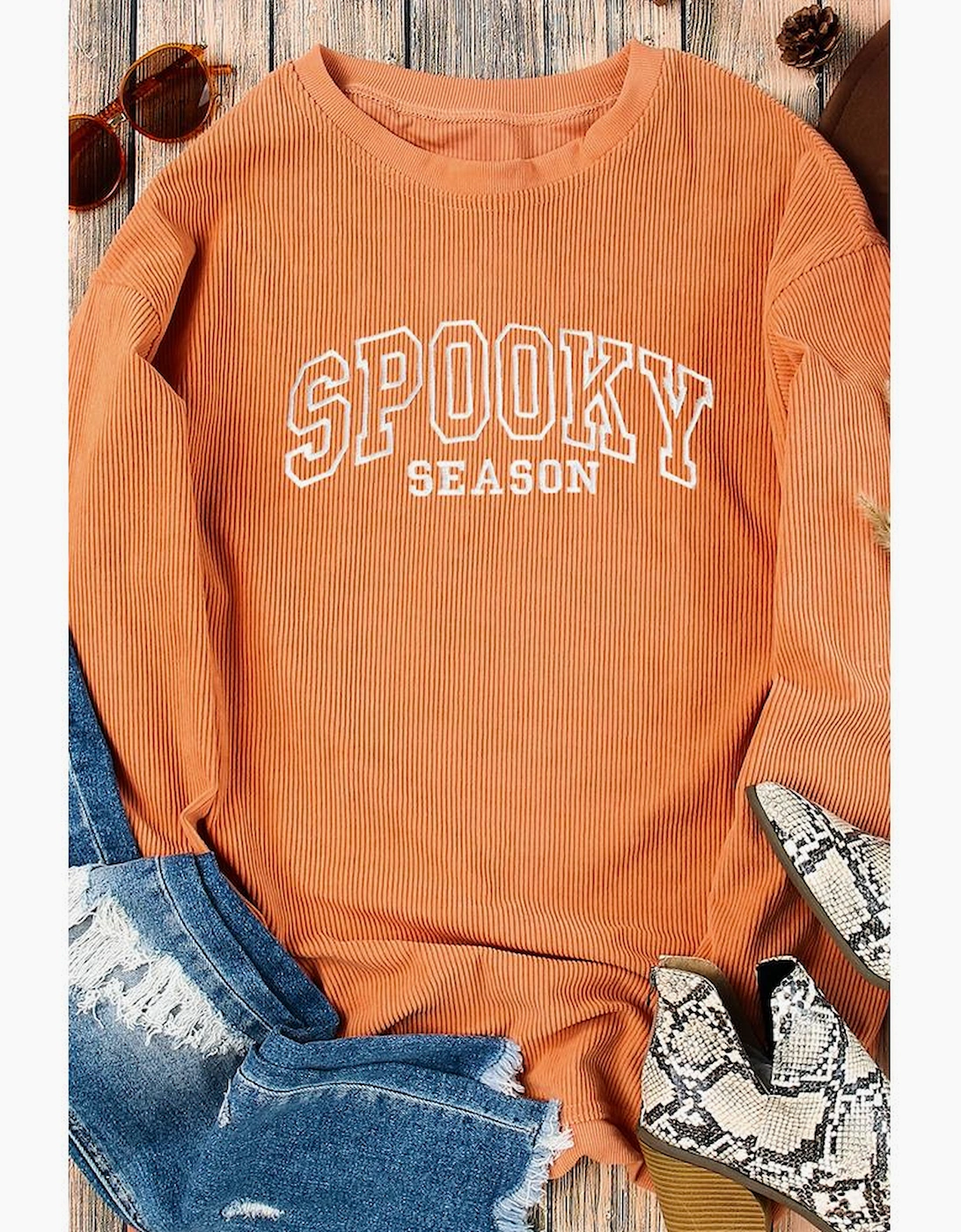 Orange SPOOKY SEASON Embroidered Letter Graphic Twisted Ribbed Sweatshirt, 8 of 7