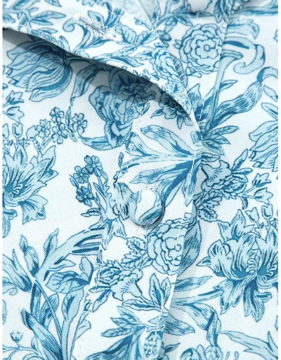 Sky Blue All Over Floral Puff Sleeve Shirt