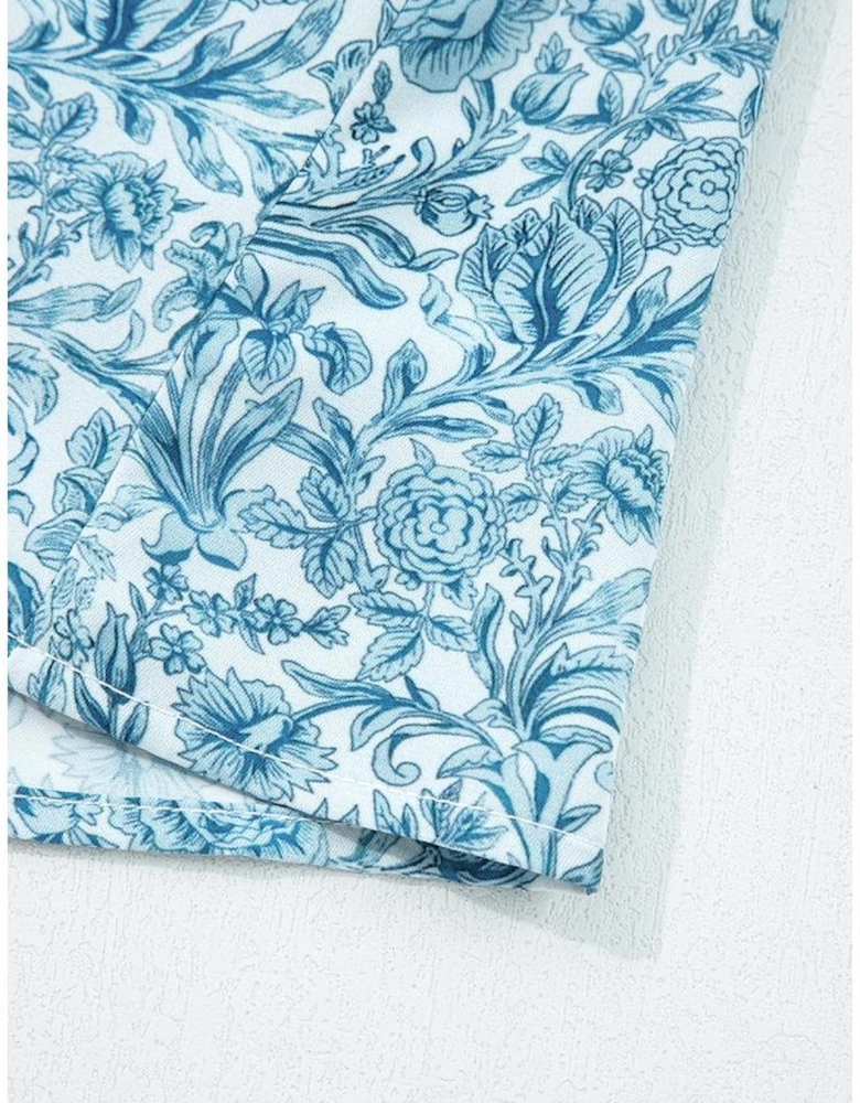 Sky Blue All Over Floral Puff Sleeve Shirt