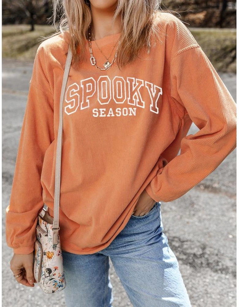 Orange SPOOKY SEASON Embroidered Letter Graphic Twisted Ribbed Sweatshirt