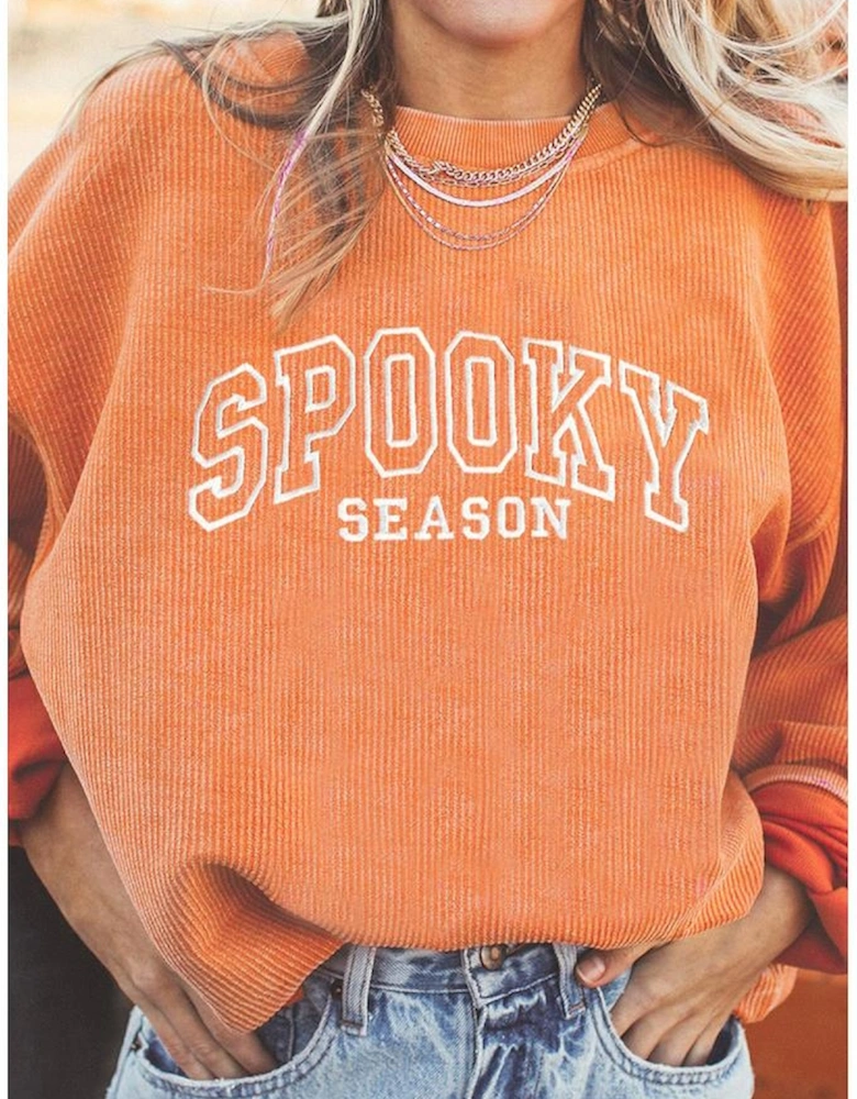 Orange SPOOKY SEASON Embroidered Letter Graphic Twisted Ribbed Sweatshirt