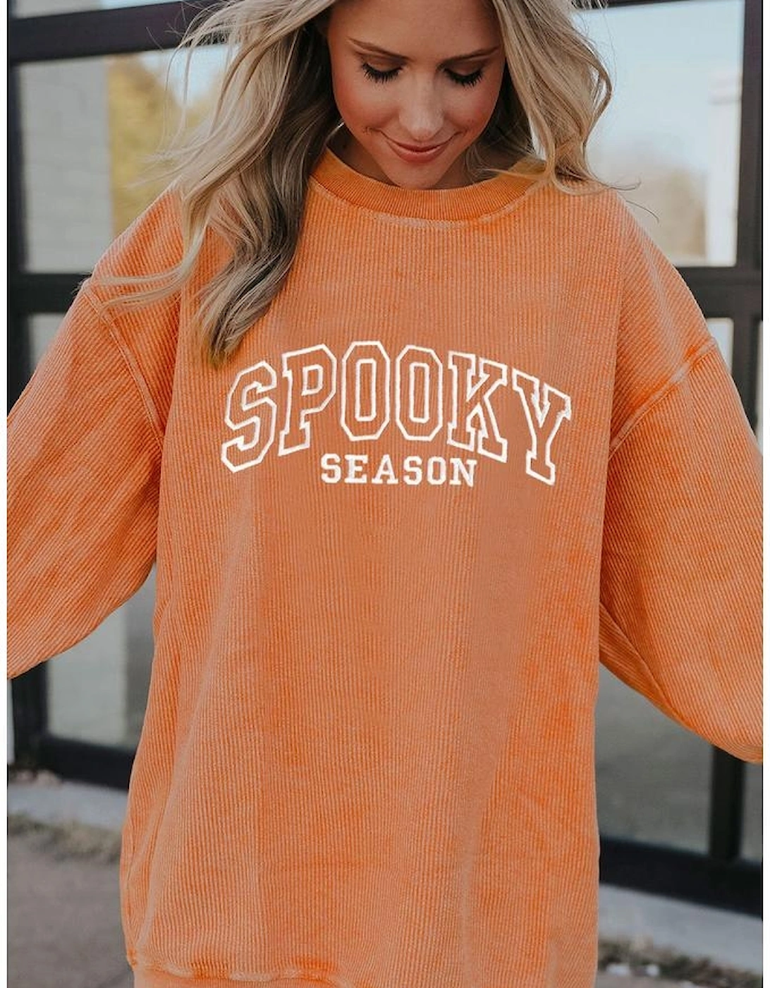 Orange SPOOKY SEASON Embroidered Letter Graphic Twisted Ribbed Sweatshirt