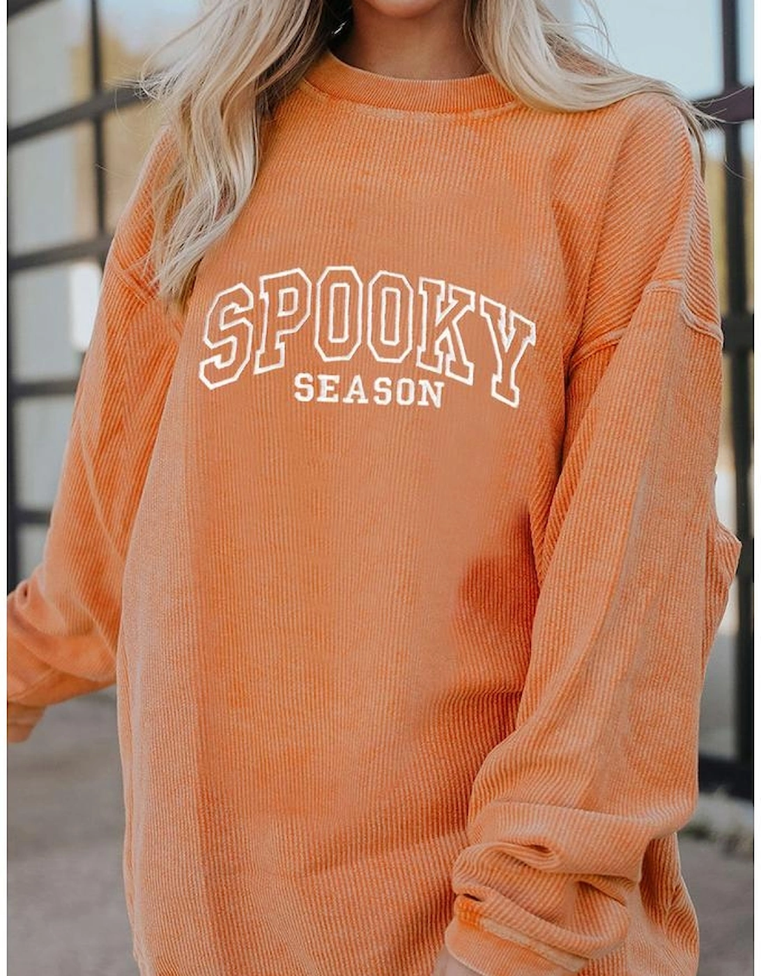 Orange SPOOKY SEASON Embroidered Letter Graphic Twisted Ribbed Sweatshirt