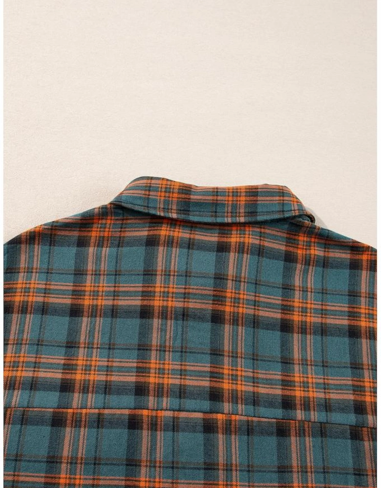 Green Plaid Long Sleeeve Side Split Distressed Hem Shirt