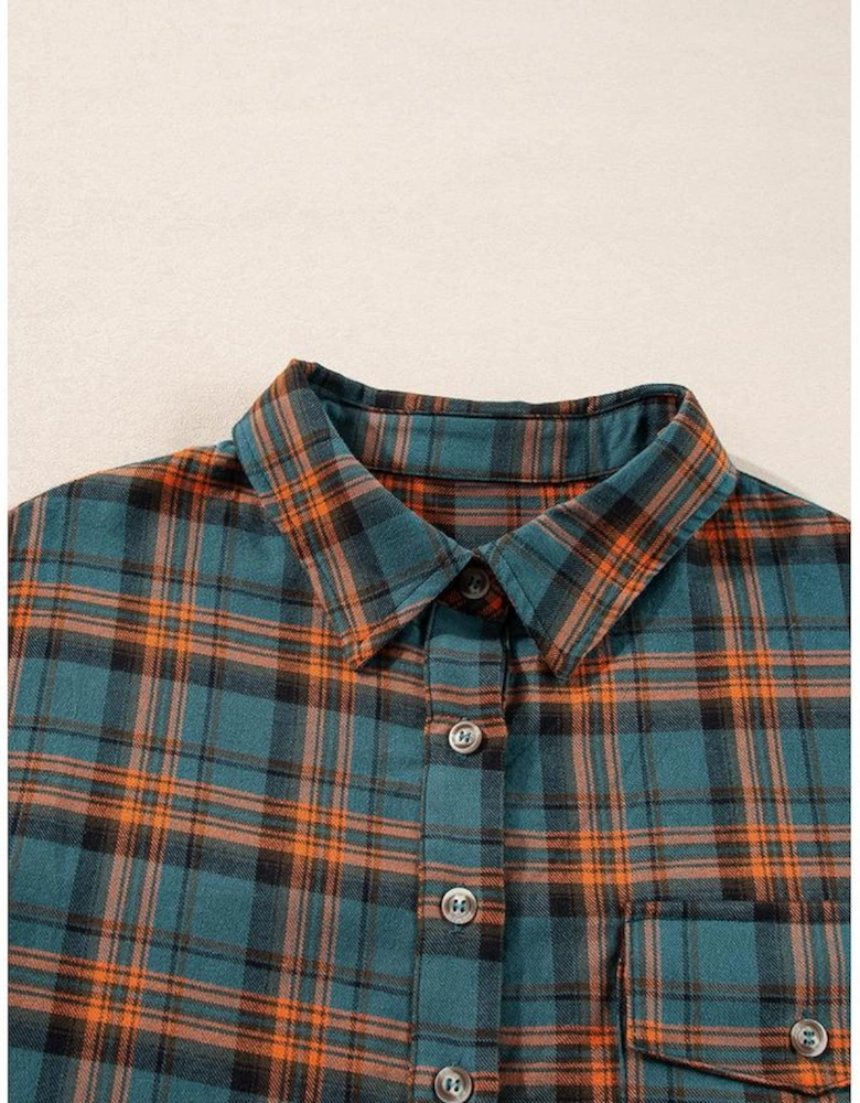 Green Plaid Long Sleeeve Side Split Distressed Hem Shirt