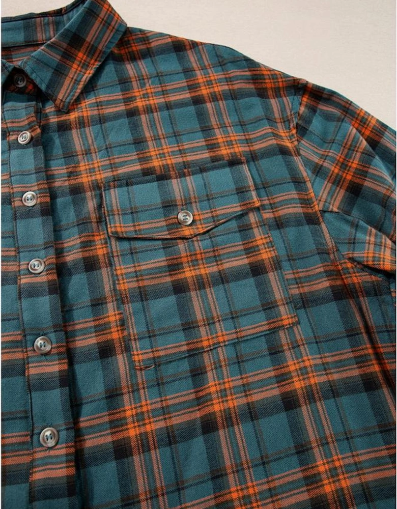 Green Plaid Long Sleeeve Side Split Distressed Hem Shirt