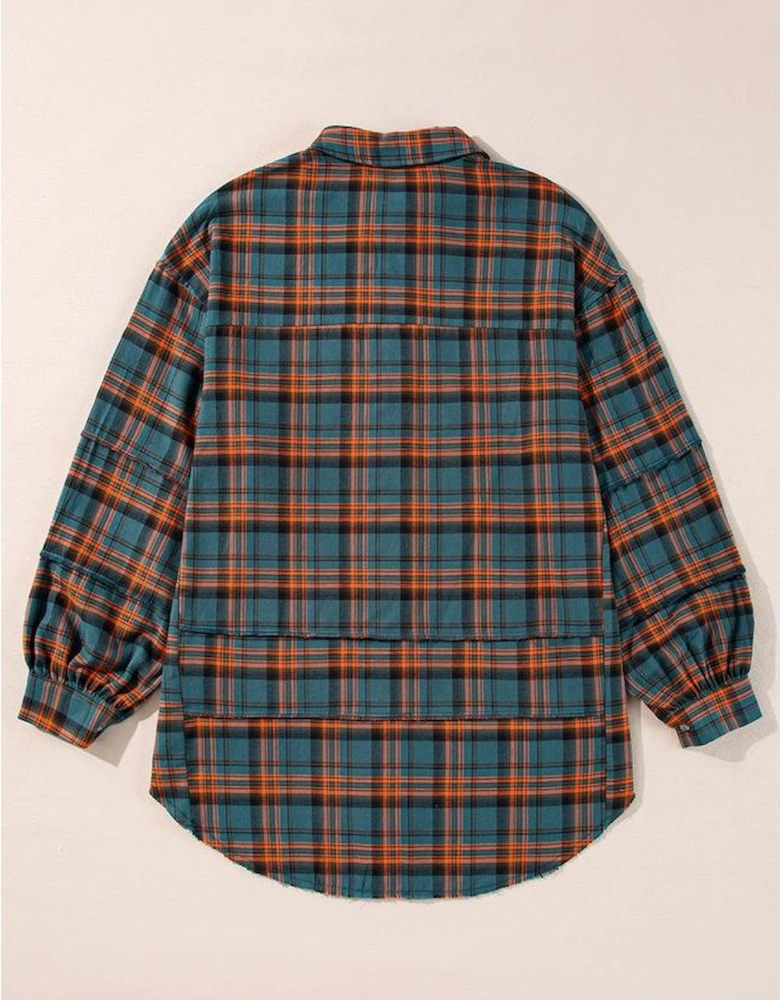 Green Plaid Long Sleeeve Side Split Distressed Hem Shirt