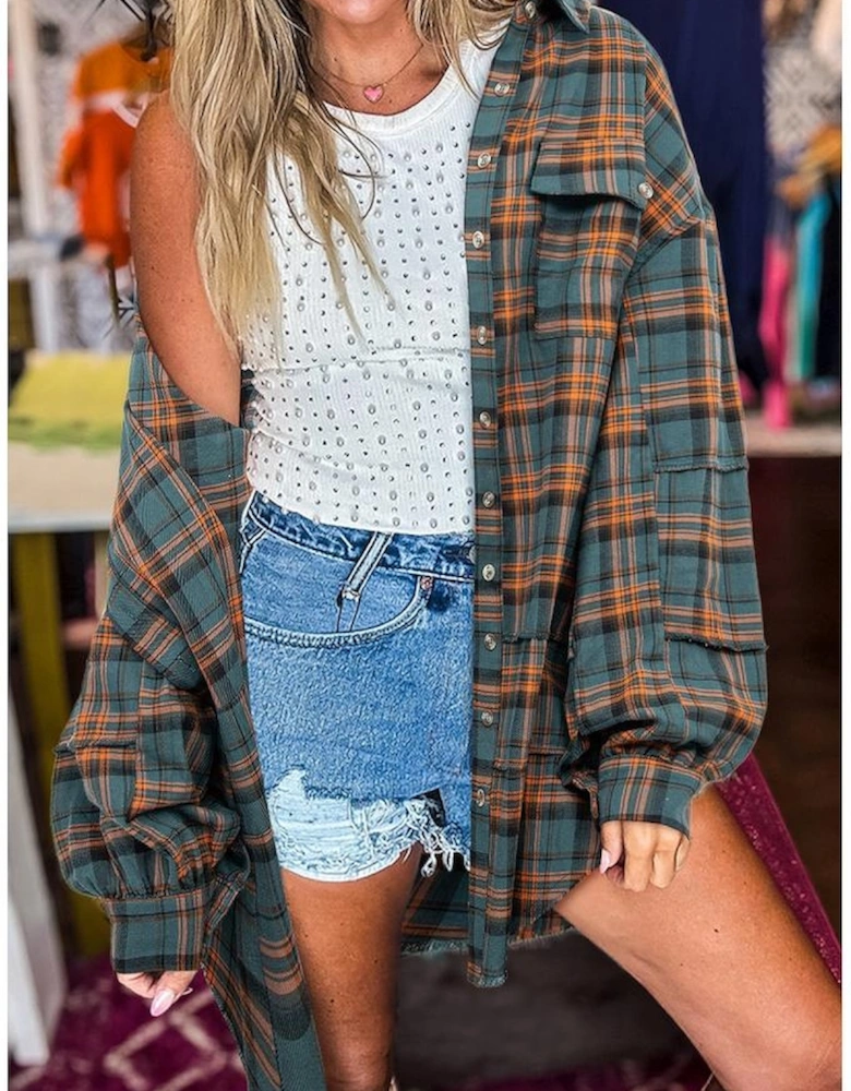 Green Plaid Long Sleeeve Side Split Distressed Hem Shirt