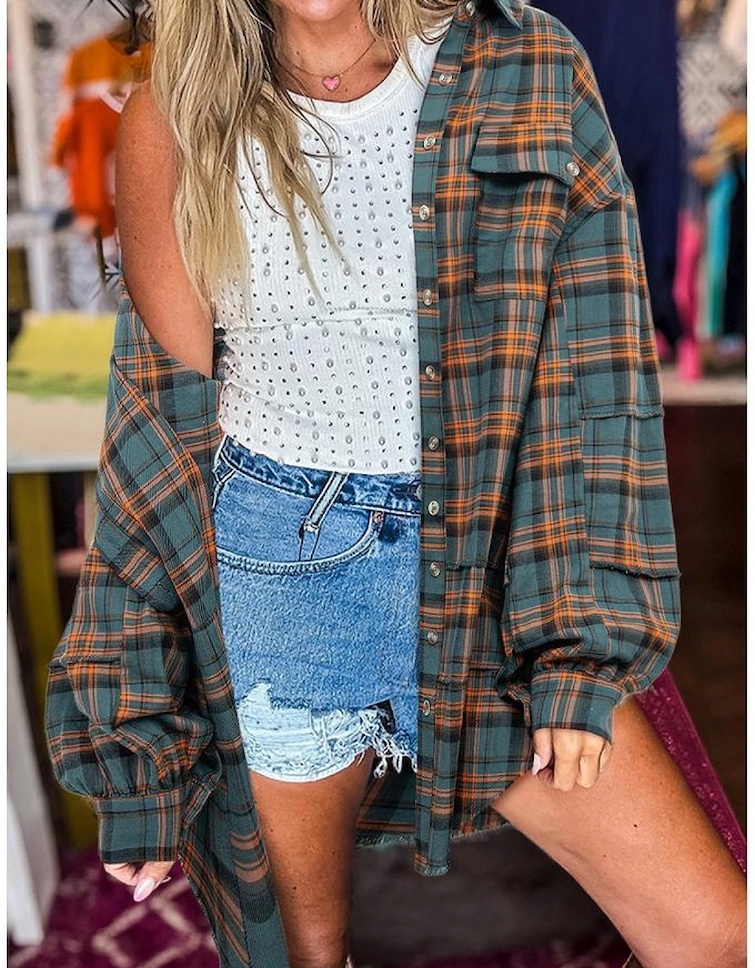 Green Plaid Long Sleeeve Side Split Distressed Hem Shirt