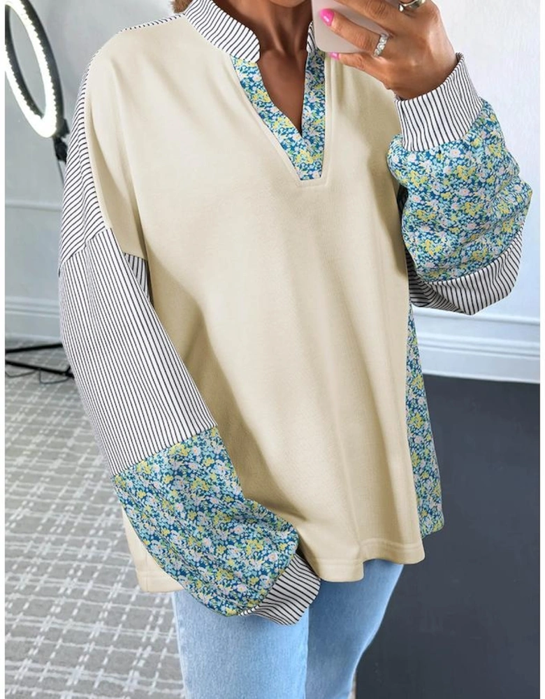 Beige Floral Striped Drop Sleeve Collared Boxy Fit Sweatshirt