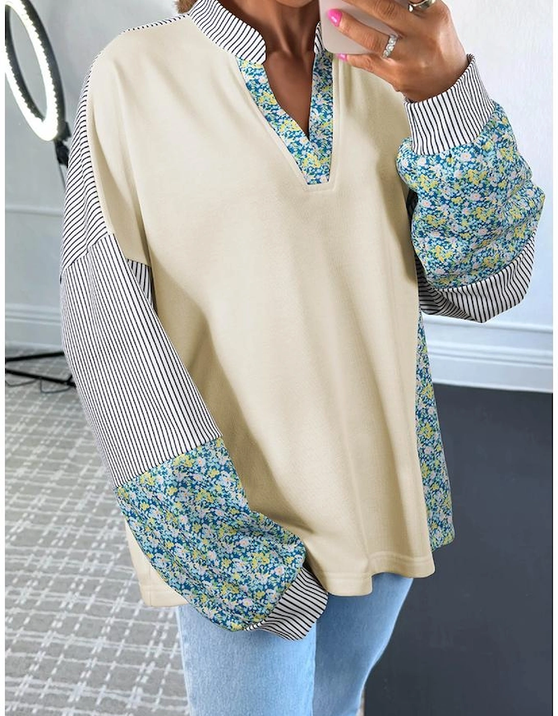 Beige Floral Striped Drop Sleeve Collared Boxy Fit Sweatshirt
