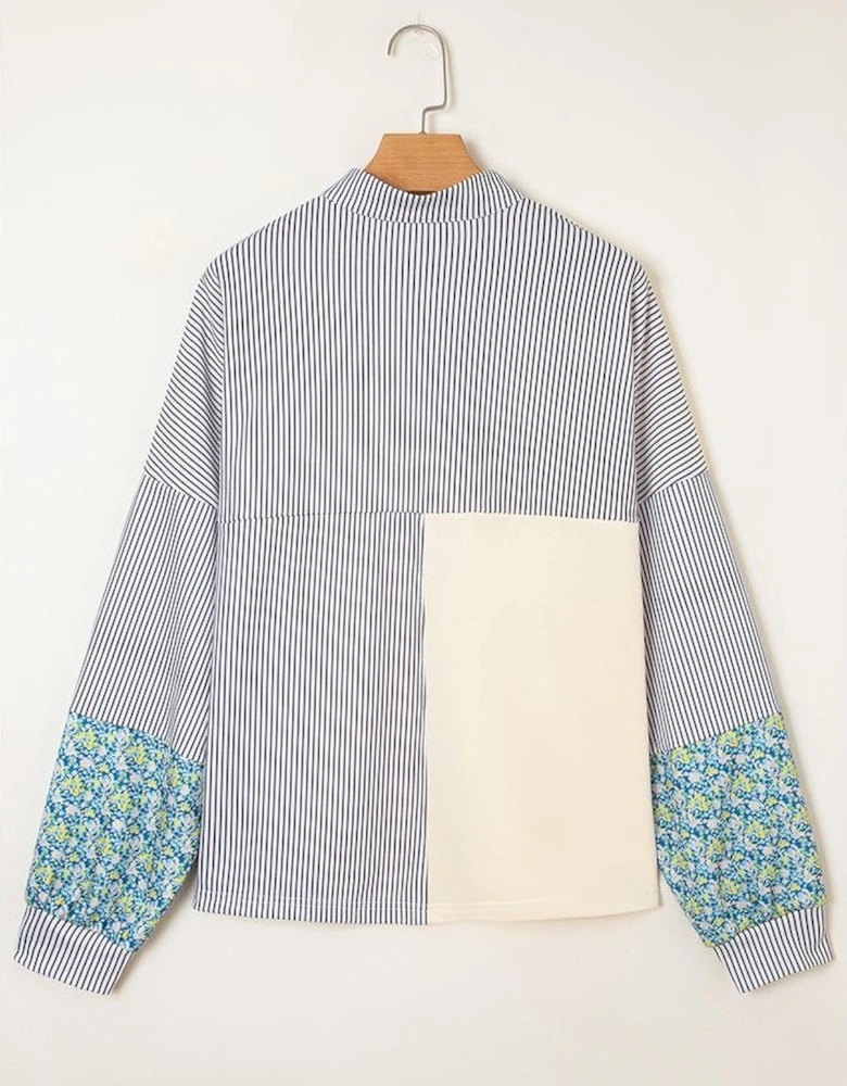Beige Floral Striped Drop Sleeve Collared Boxy Fit Sweatshirt