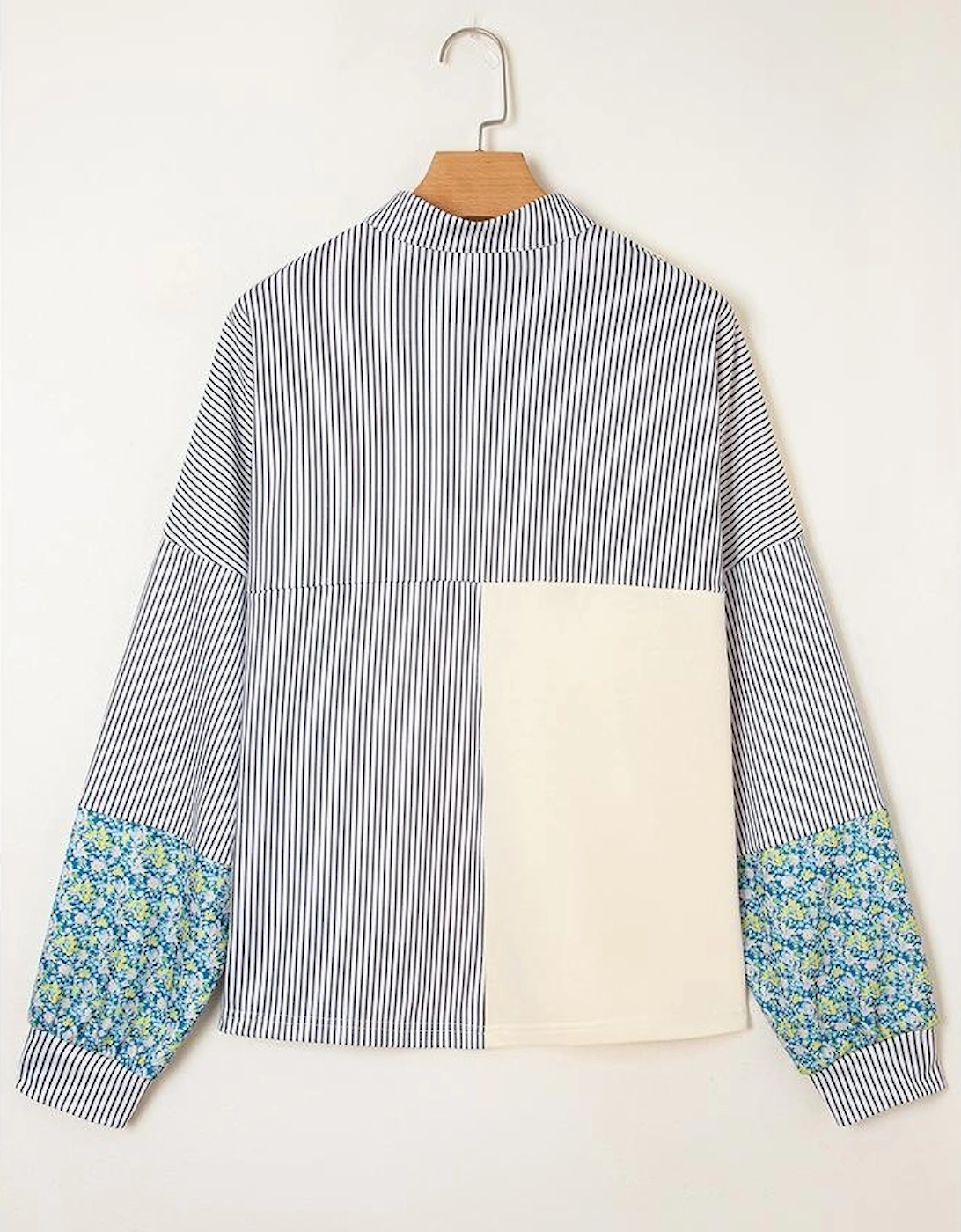 Beige Floral Striped Drop Sleeve Collared Boxy Fit Sweatshirt