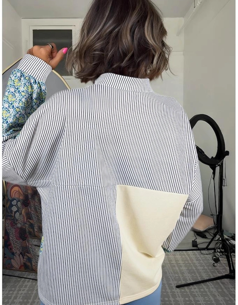 Beige Floral Striped Drop Sleeve Collared Boxy Fit Sweatshirt