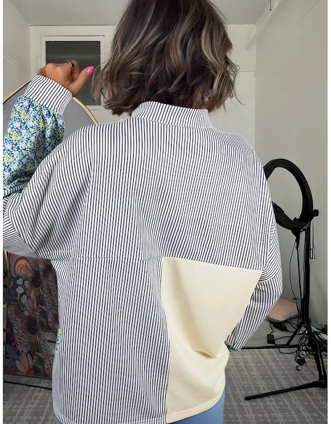 Beige Floral Striped Drop Sleeve Collared Boxy Fit Sweatshirt, 9 of 8