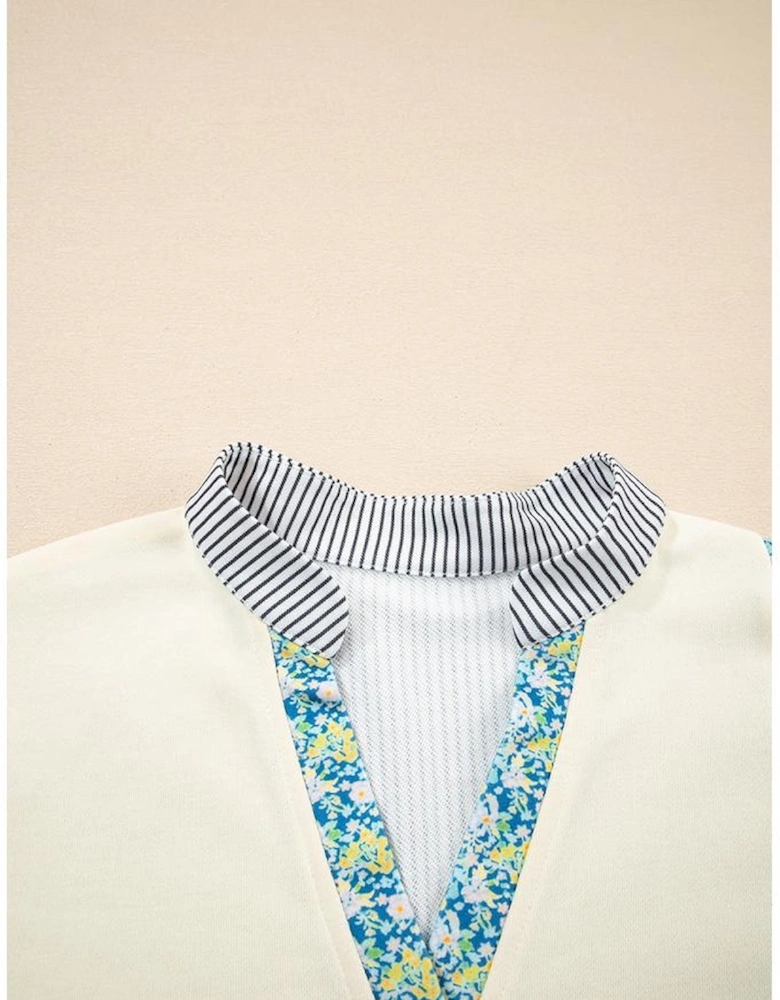 Beige Floral Striped Drop Sleeve Collared Boxy Fit Sweatshirt