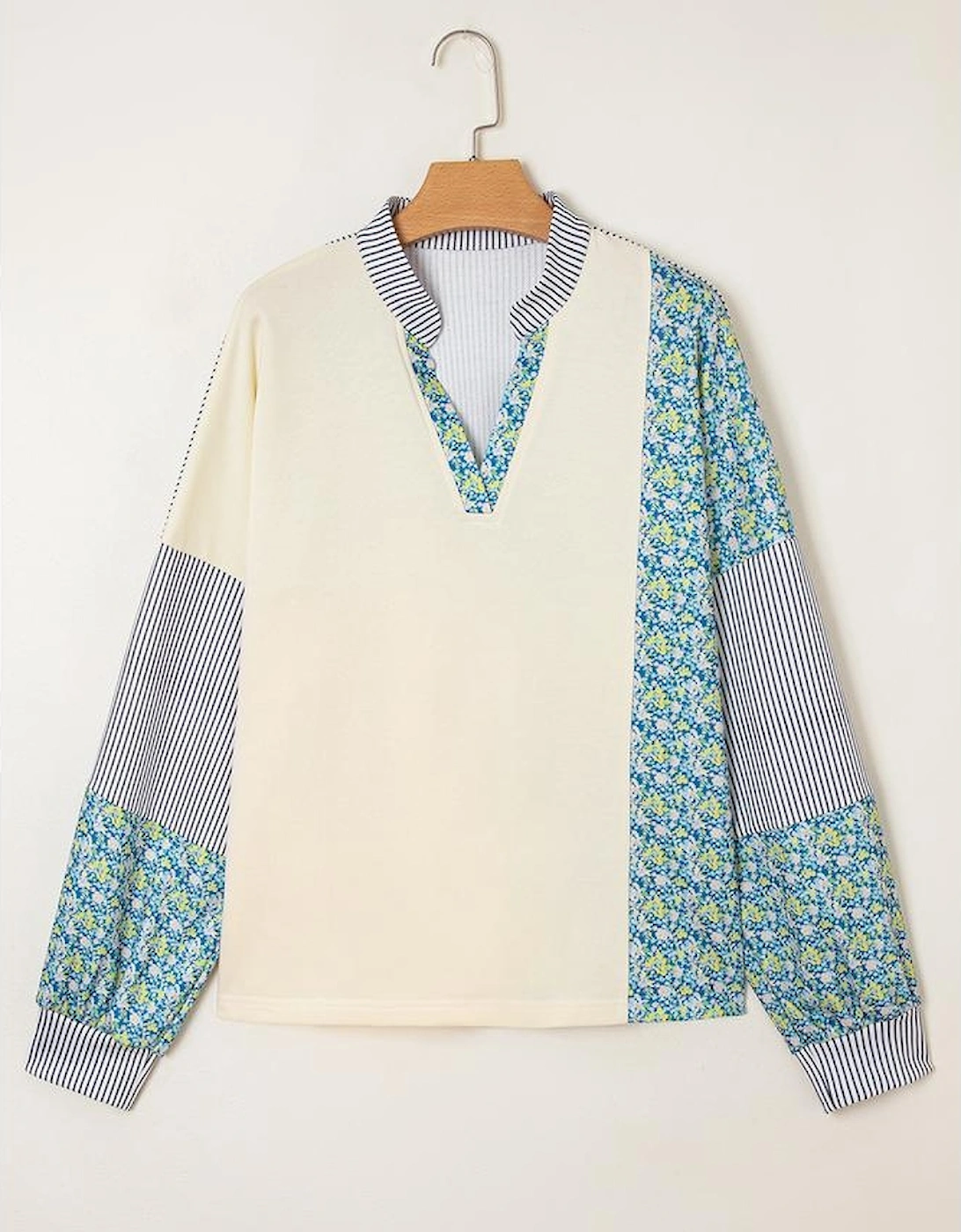 Beige Floral Striped Drop Sleeve Collared Boxy Fit Sweatshirt