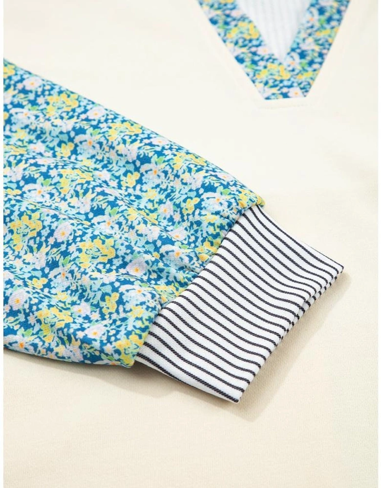 Beige Floral Striped Drop Sleeve Collared Boxy Fit Sweatshirt